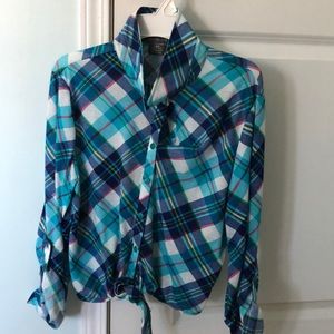 Blue, white, green, and pink flannel shirt